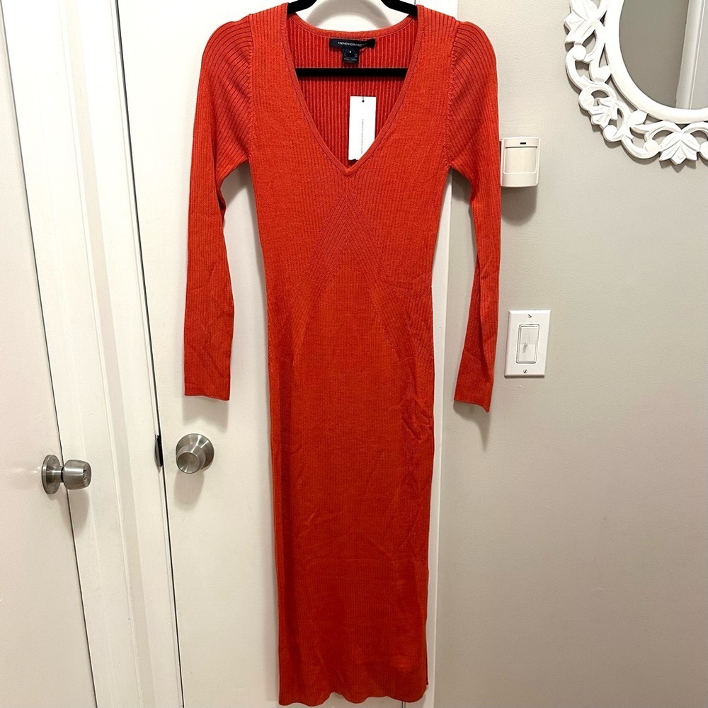 French Connection Mandarin Red Fitted Mari Knit Maxi Dress S Stretch Ribbed NEW
